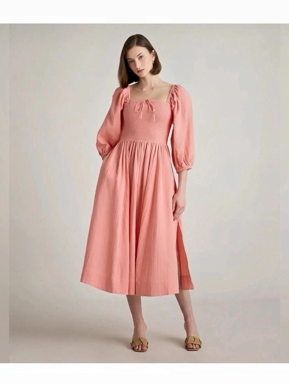 Quince 100% Organic Cotton Gauze Smocked Square Neck Midi Dress Organic Cotton